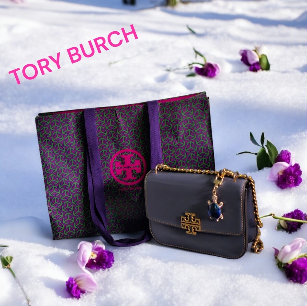 Authentic Tory Burch Britten Patent Leather Shoulder Bag with Gold Chain
